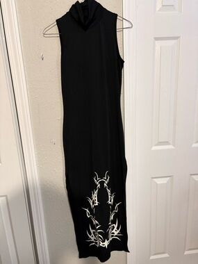 Sleeveless Black Asymmetrical Maxi Dress with White Tribal Accent